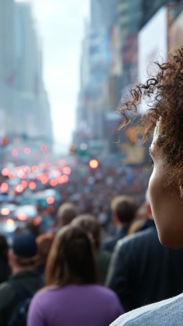 Un osservatore pensieroso in una vivace folla cittadina, che cattura l'essenza della vita urbana con una scena animata di traffico e persone in movimento.