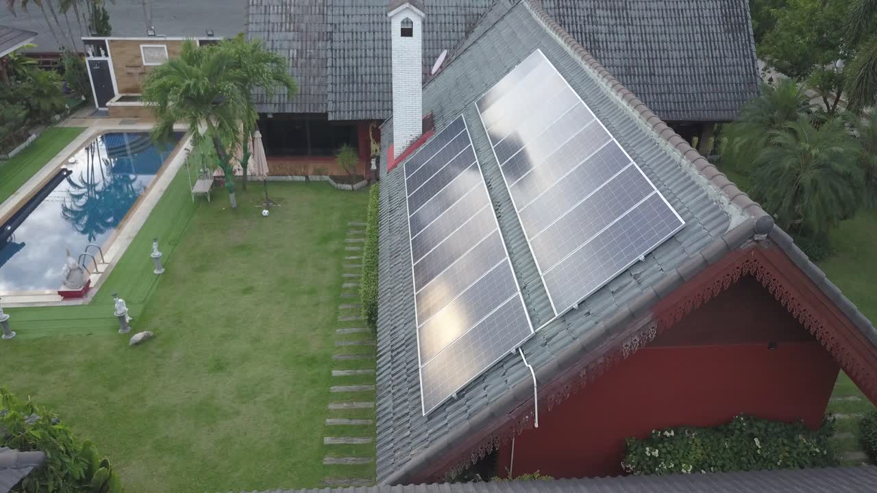 Drone shot of Solar roof top of home solar panel clean and renewable energy