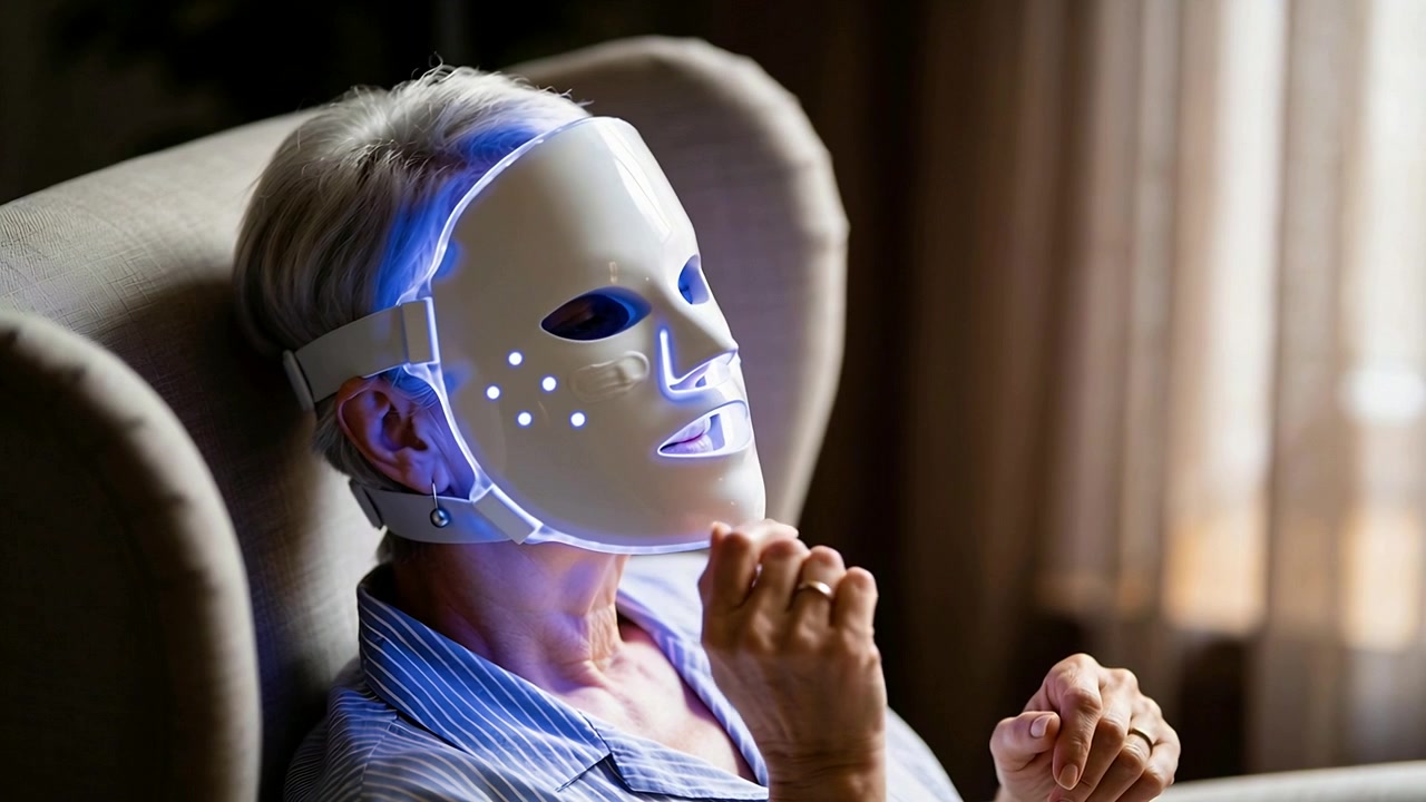 En ældre person i stribet skjorte justerer en maske i en lænestol ved vinduet, reagerende på LED-glød og blå lyspunkter.