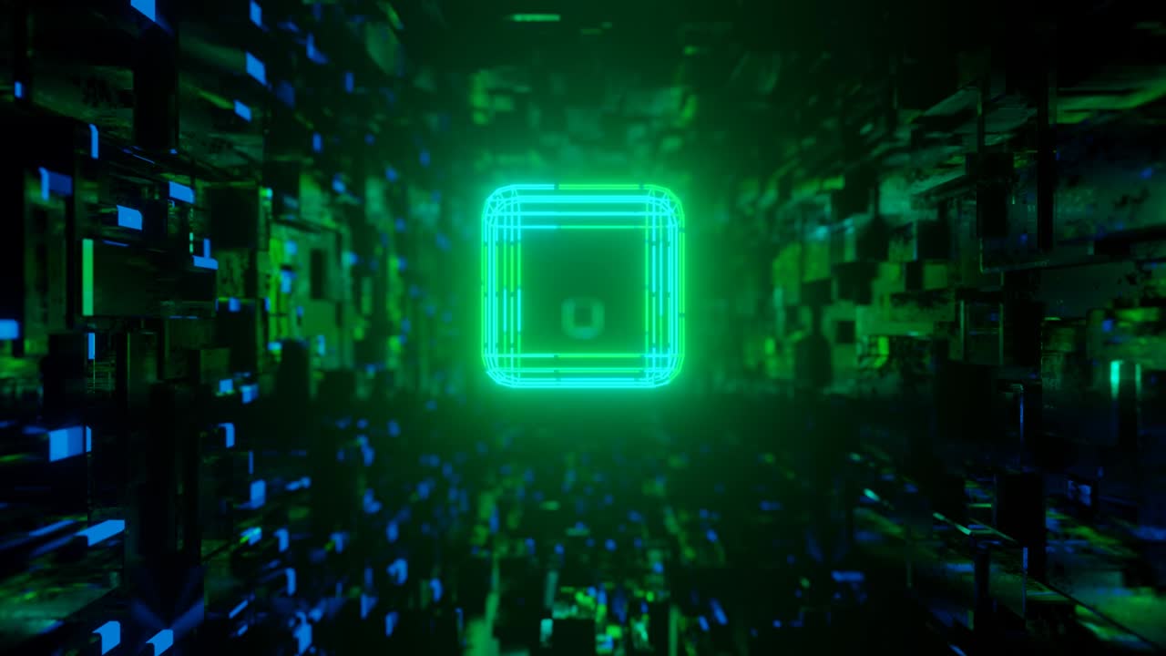 3d object or structure rotates and moves inside glass mirror tunnel with neon light, bright reflections. Cube. Fantastic abstract bg in 4k. Vj loop for show. Sci fi bg fly through hi tech tunnel