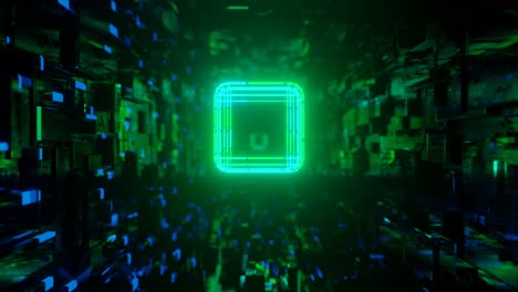 objeto o estructura 3d gira y se mueve dentro de un túnel de espejo de vidrio con luz de neón, reflejos brillantes. cubo. fantástico resumen bg en 4k. vj bucle para mostrar. sci fi bg volar a través del túnel de alta tecnología