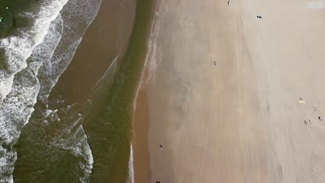 Birdseye-view-of-beachgoers-out-on-sunny-day-enjoying-the-sea-and-sand