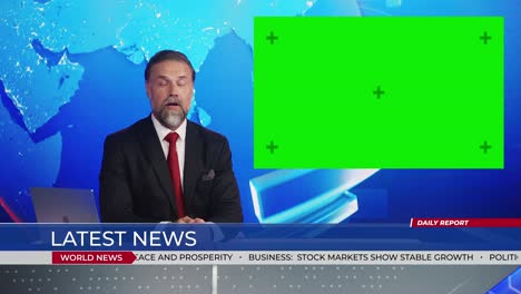 live news studio with handsome male anchor reporting on a story, uses green chroma key screen placeholder copy space.television newsroom channel with professional presenter