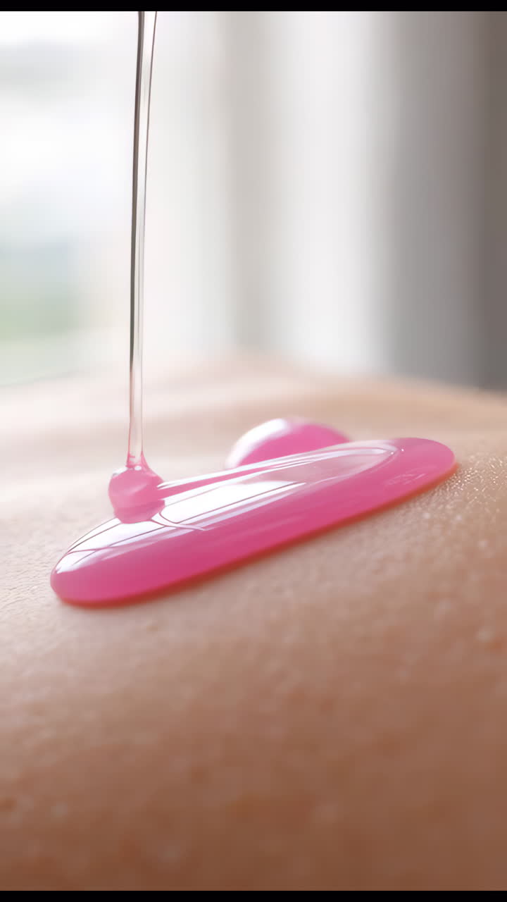 Primo piano di gel liquido rosa versato su pelle liscia