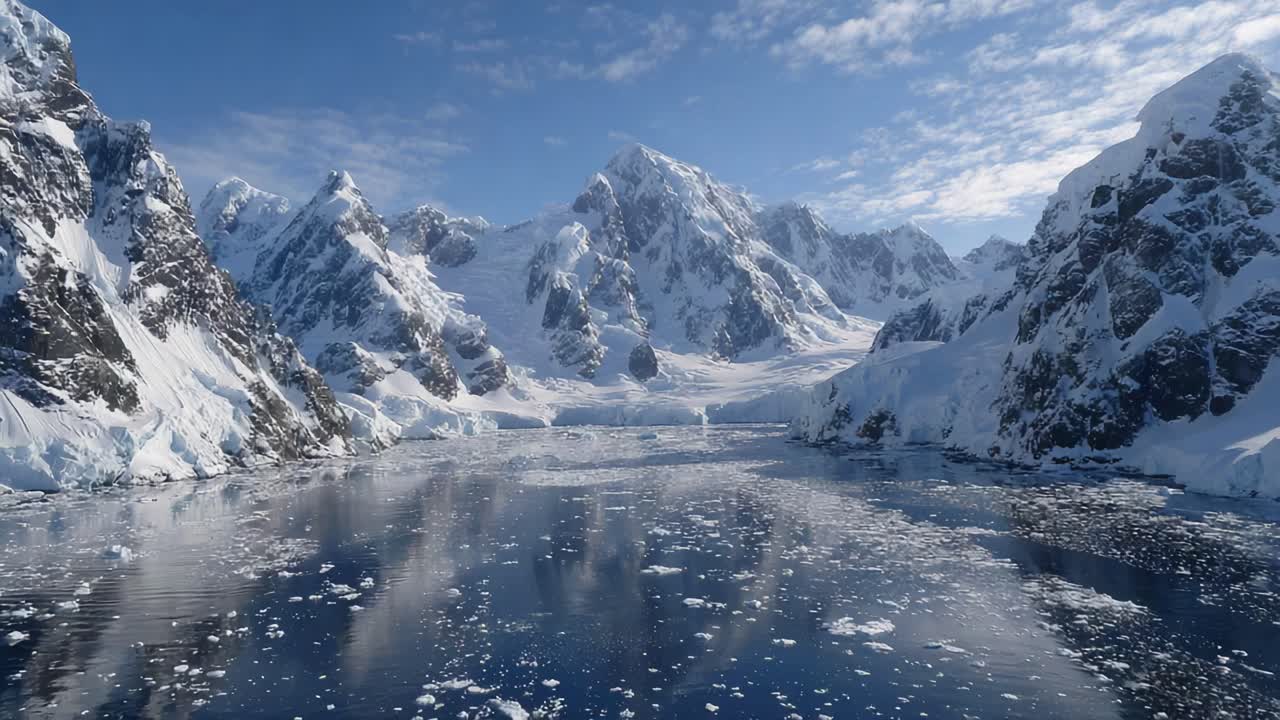 Majestic Frozen Landscape: A Winter Wonder at Dawn, Showcasing Glacial Mountains and Icy Waters Under a Clear Sky