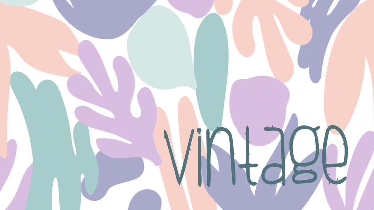 animación de texto vintage en azul sobre formas pastel orgánicas sobre fondo blanco