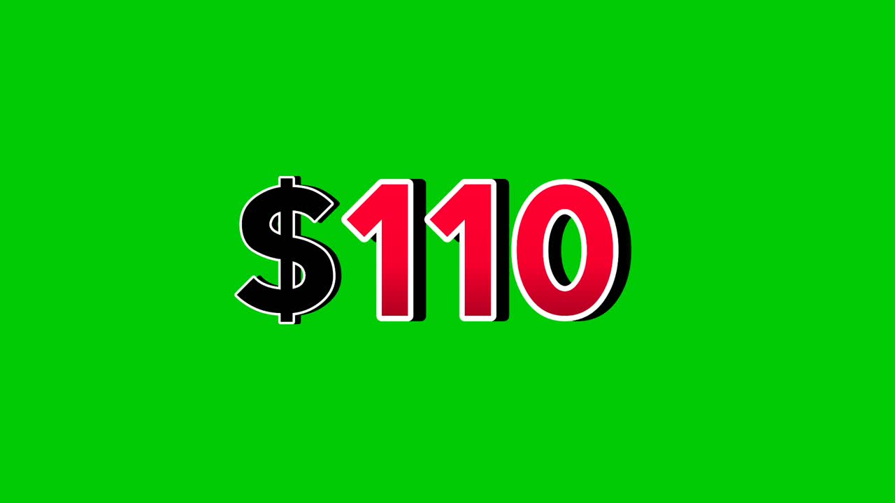 Animation number $110 dollar sign motion graphics, red font with white and black outlines green screen background vibrant red numbers. Video 3D effect with shadows for video elements business concept