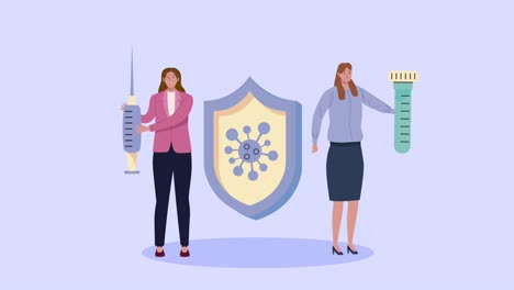 animación de la vacuna contra la covid-19 con mujeres y escudo