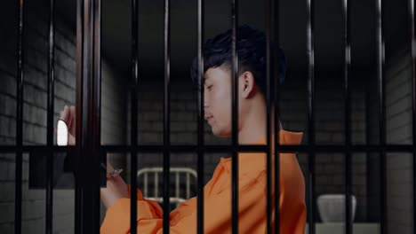 vista lateral de cerca de un prisionero masculino asiático de pie en la cárcel, mirando las esposas y sacudiendo la cabeza molesto por lo que hizo