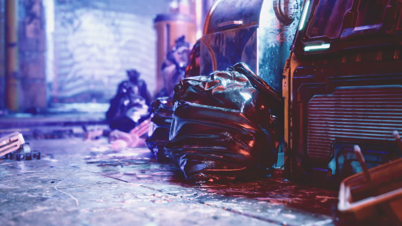 Urban alley filled with glowing refuse bags at dusk revealing vibrant colors