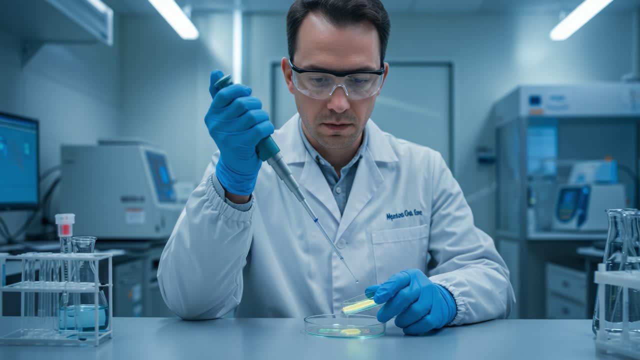 Focused Scientist Using a Pipette in a Laboratory Setting, Conducting Precise Experiments with Microbial Cultures and Samples in a Modern Research Environment