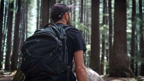 Selektive-Fokusaufnahme-Eines-Jungen-Amerikanischen-Rucksacktouristen,-Der-In-Einem-Wald-Spazieren-Geht