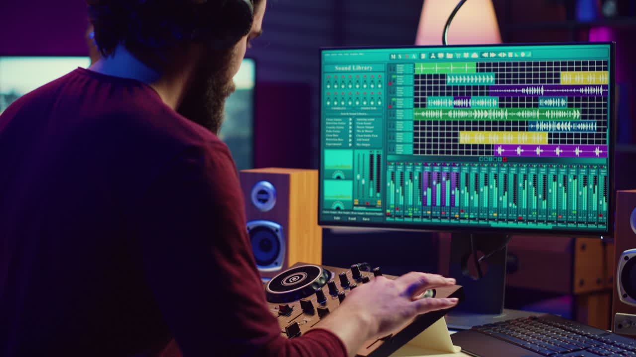 새로운 사운드트랙을 위한 음향 효과를 만드는 오디오 엔지니어