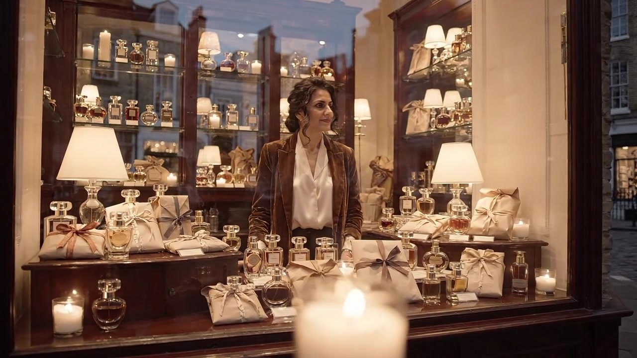 Fortryllende aften i en duftende butik: En kvinde betaget af parfumer og bløde lys, omgivet af elegance og stemning i et charmerende udstillingsvindue.