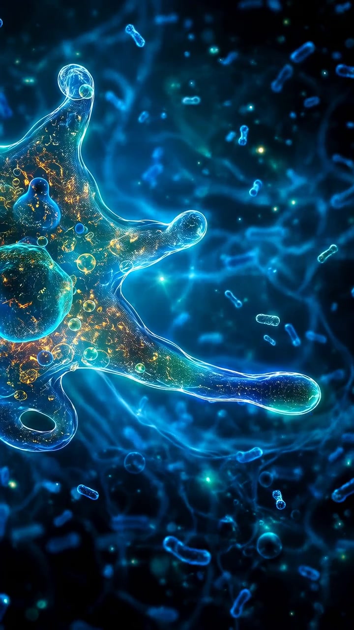 Forma unicellulare traslucida si sposta delicatamente su un campo microscopico blu intenso, con prolungamenti arrotondati, particelle dorate interne e strutture a bastoncino luminose sparse.
