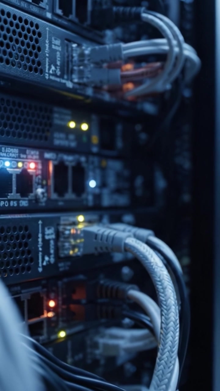A Close-Up View of Server Rack Components Featuring Network Connections, Cables, and Illuminated Indicators, Showcasing Data Center Technology in Action