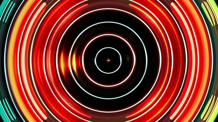Círculos concêntricos abstratos brilhantes com linhas de néon coloridas giratórias.