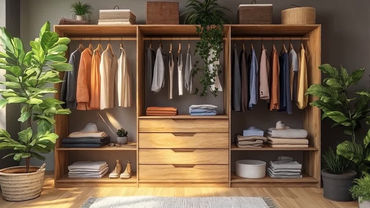 Organized Wooden Closet with Clothes and Plants