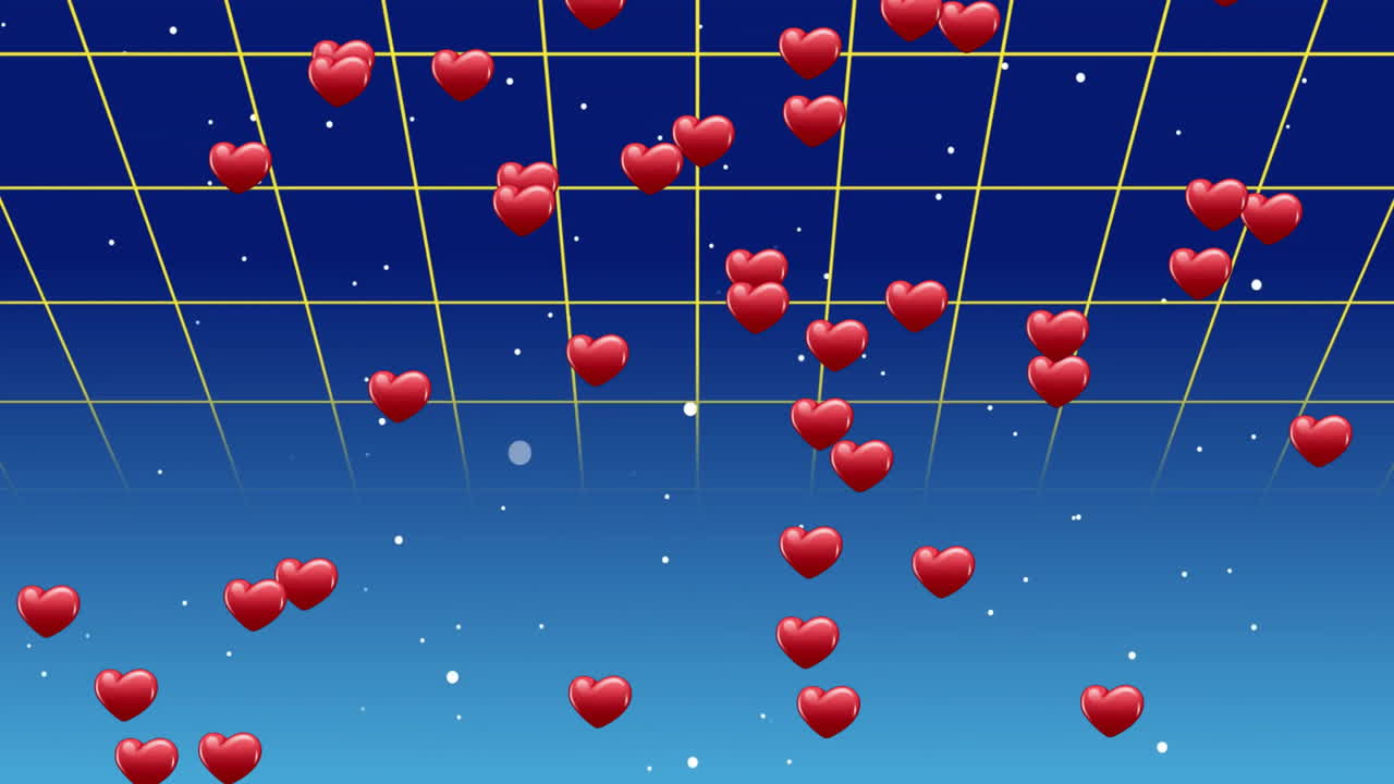 Glossy red heart icons floating across retro 3D yellow perspective grid, featuring white star dots