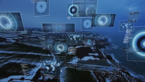 animation of data processing with scope scanning over landscape