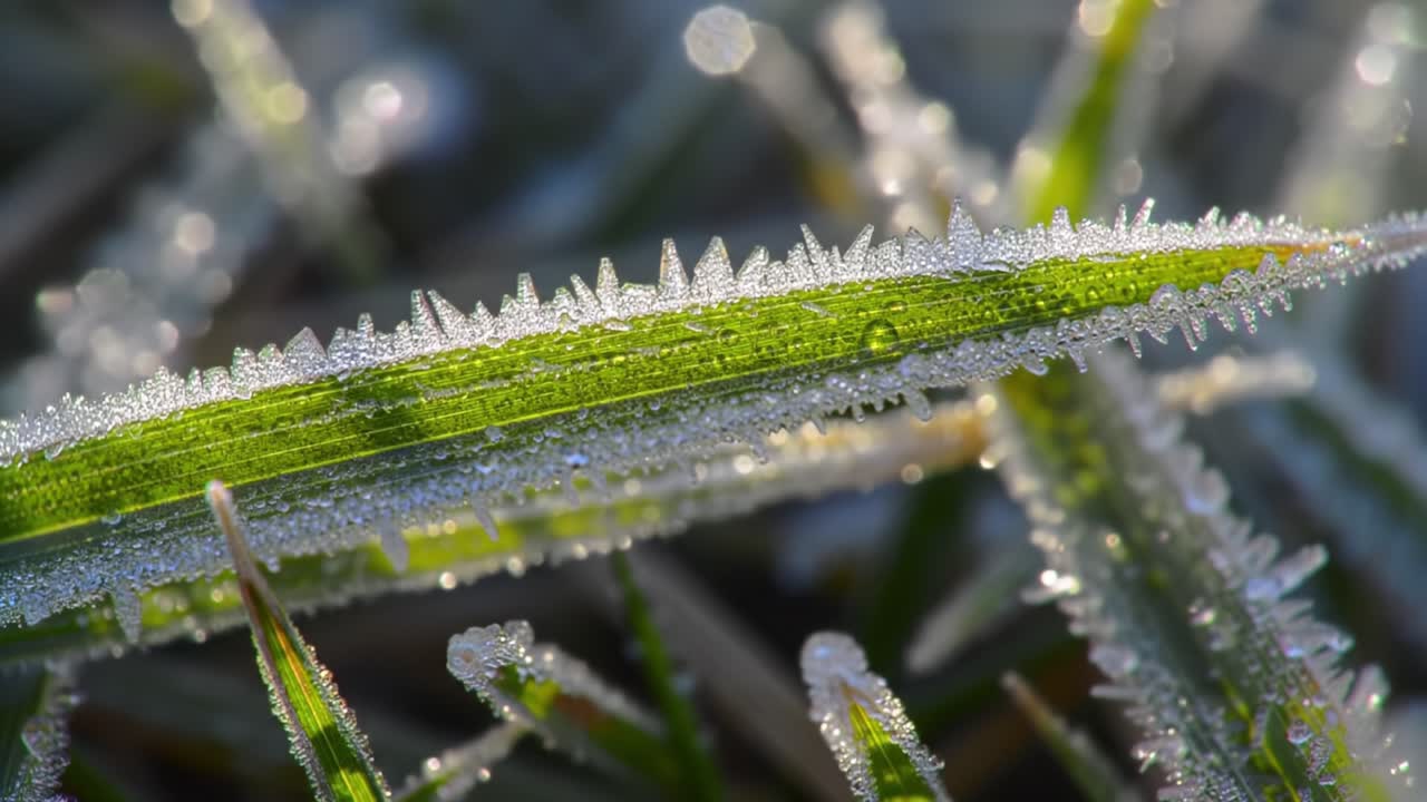 A Close-Up of Gloriously Frosted Grass Blades Glimmering Under Soft Morning Light, Showcasing Nature's Icy Artwork and Intricate Crystal Patterns