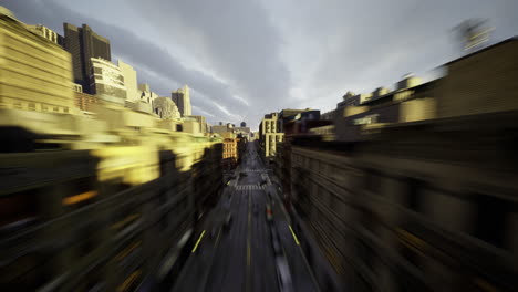 urban skyline viewed from above shows bustling city life during sunset