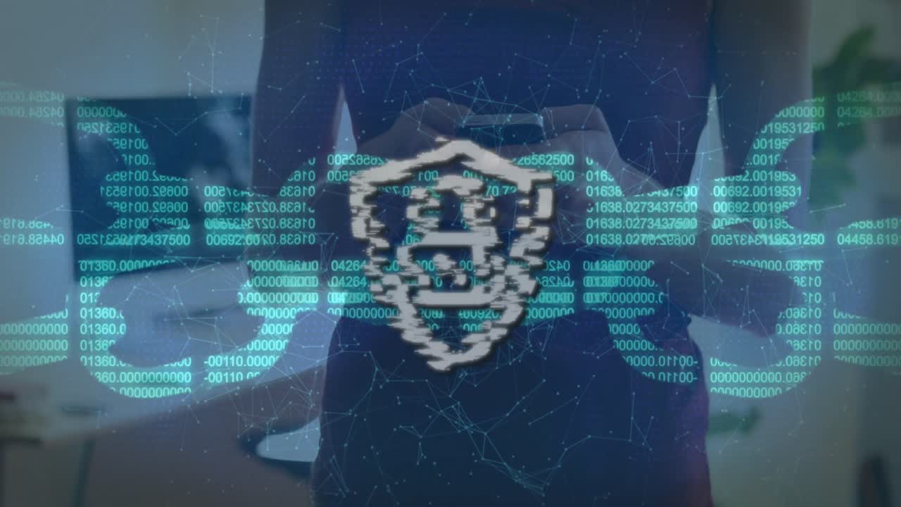 스마트폰을 사용하는 백인 여성 위의  ⁇ 락 아이콘의 애니메이션