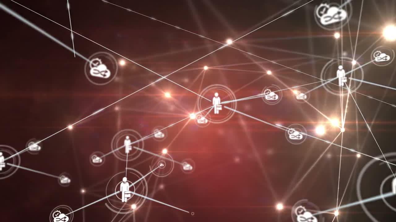 animación de la red de conexiones con iconos en fondo marrón