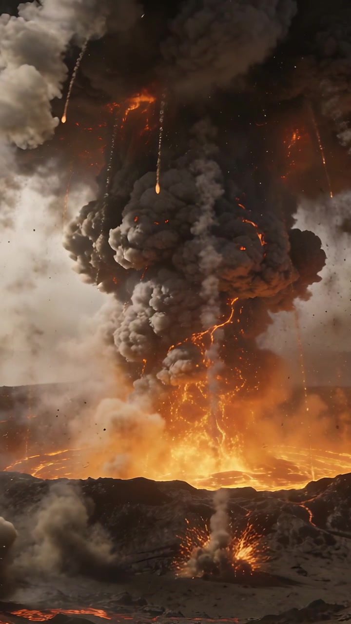 Video verticale: Bocca eruttiva che emette pennacchio di cenere su lago di lava, con bombe vulcaniche in caduta e incendi a terra.