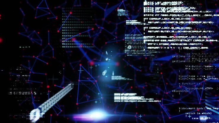 Data processing against network of connections on black background