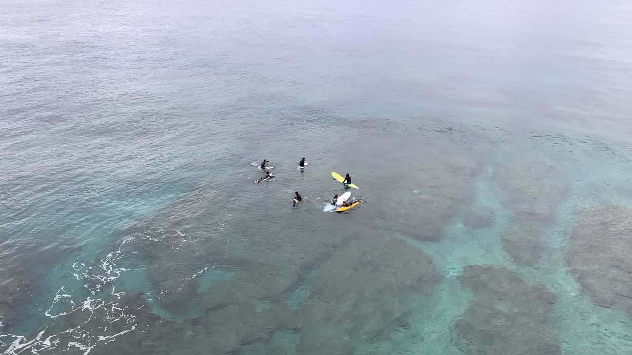 초보 서퍼들이 산호초에서 서핑을 배우고 있습니다. 드론에서 찍은 다채로운 열대 서핑입니다.