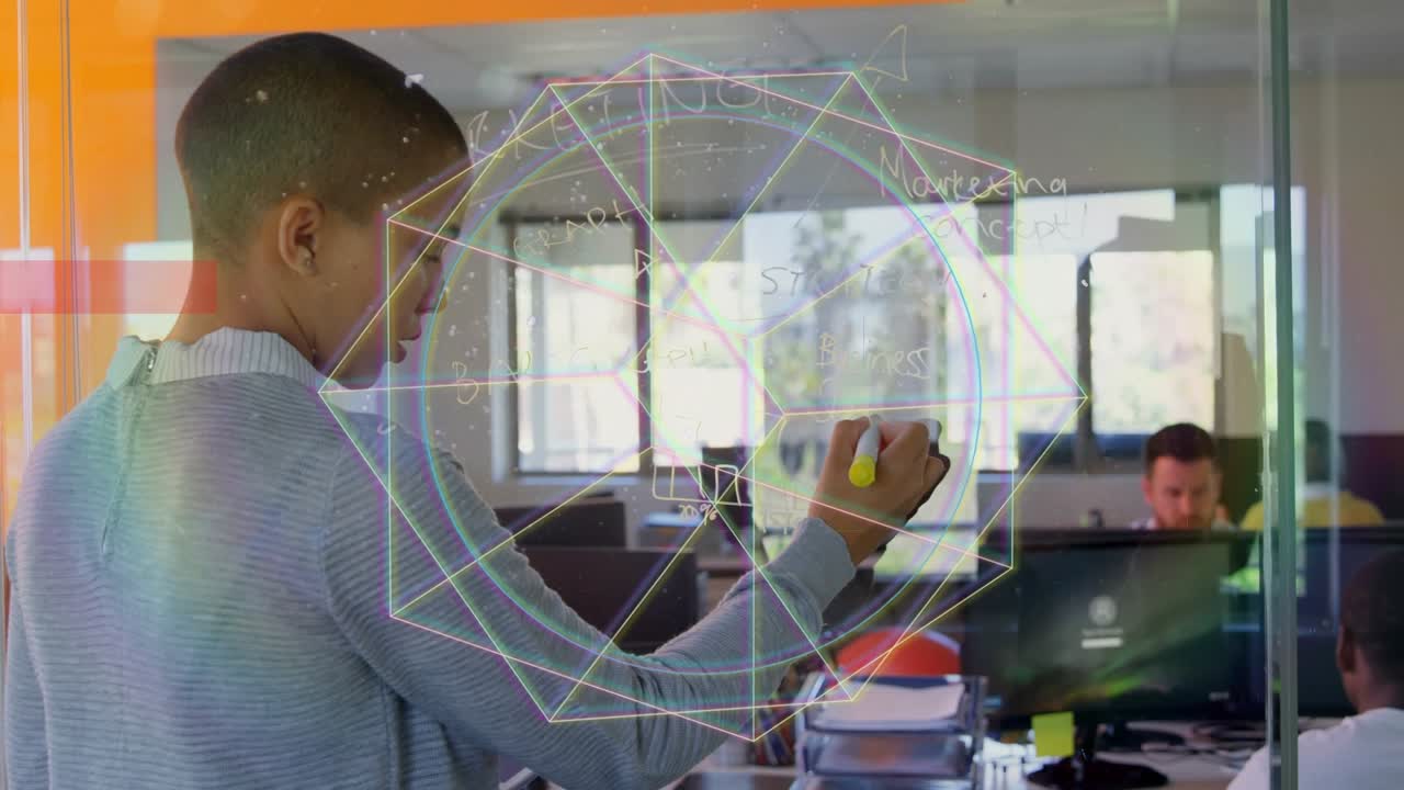 Animation of network of connections over business people in office