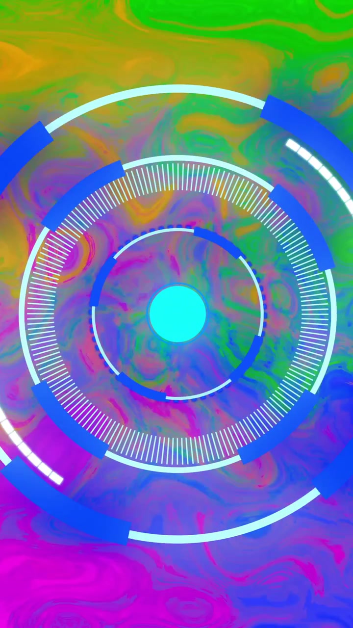 Interfaccia digitale circolare su sfondo animato astratto vibrante e colorato