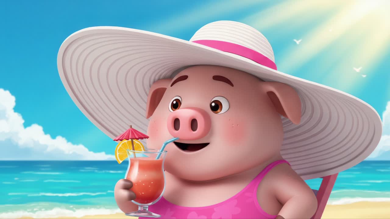A cheerful pig character enjoying a refreshing drink on a sunny beach, embodying relaxation and vacation vibes with a stylish hat and a bright pink swimsuit