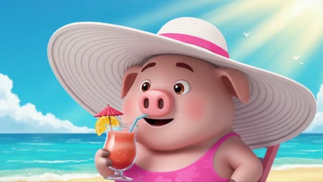 a cheerful pig character enjoying a refreshing drink on a sunny beach, embodying relaxation and vacation vibes with a stylish hat and a bright pink swimsuit