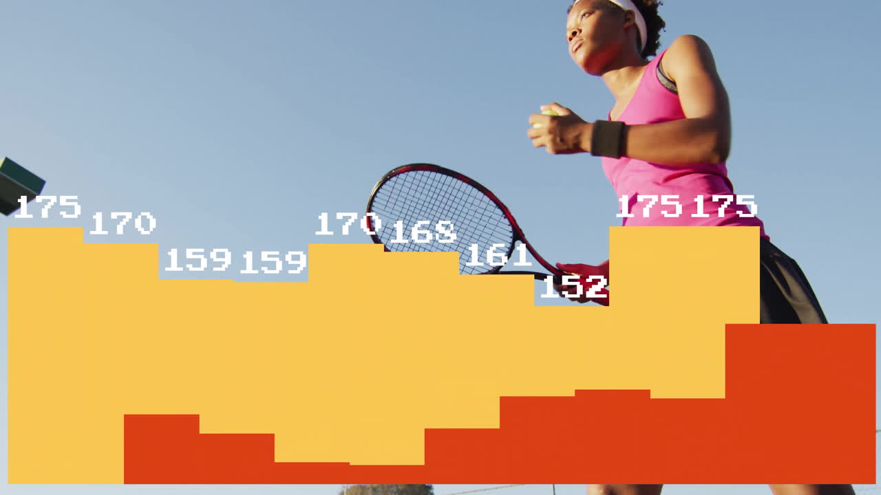 Female tennis player serving outdoors, showcasing sports tech metrics and ball trajectory graphics