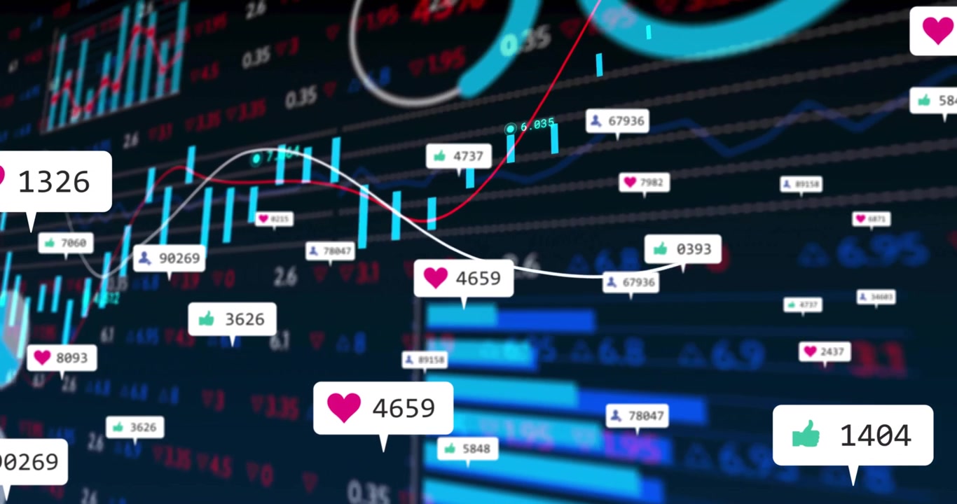 Dark financial chart initiating curves flowing and icons pulsing visualizing data engagement