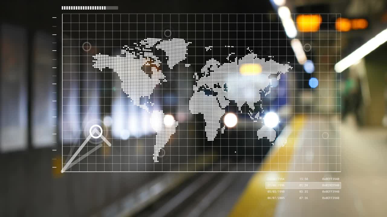 Dotted map appearing hologram on blurred station drawing line graph pulsing nodes showing transit