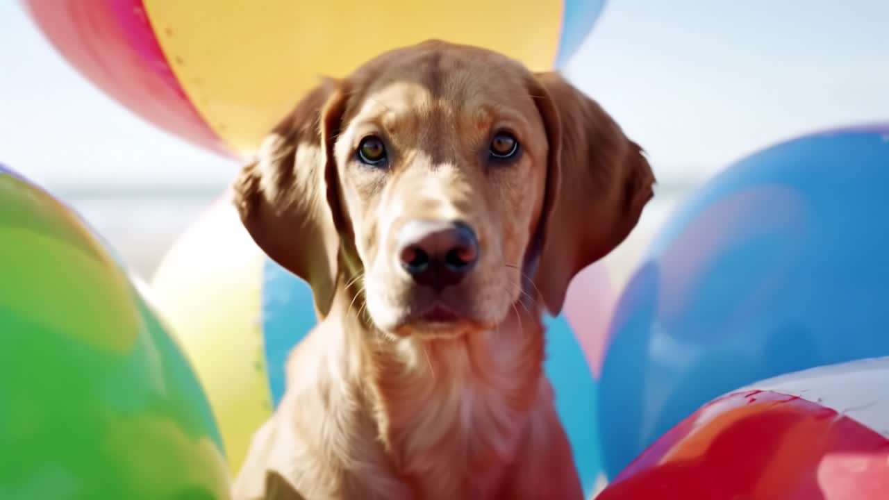 A Playful Dog Surrounded by Colorful Beach Balls Enjoys a Fun Day Outdoors with Vibrant Sunshine, Creating Joyful Moments Full of Playfulness and Adventure