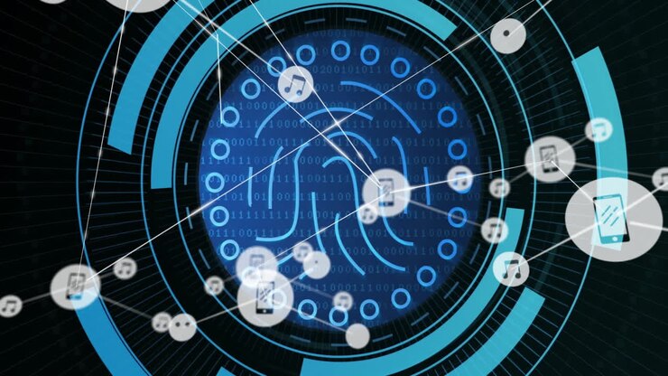 Digital network and data transfer animation over blue circular interface