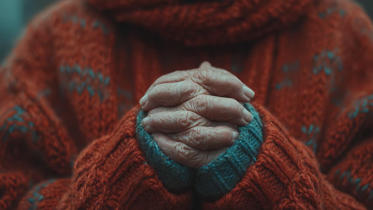 A Warm Gesture: An Elderly Individual Dressed in a Cozy Orange Sweater with Overlapping Hands Reflects Comfort and Resilience Amidst a Slightly Gloomy Atmosphere