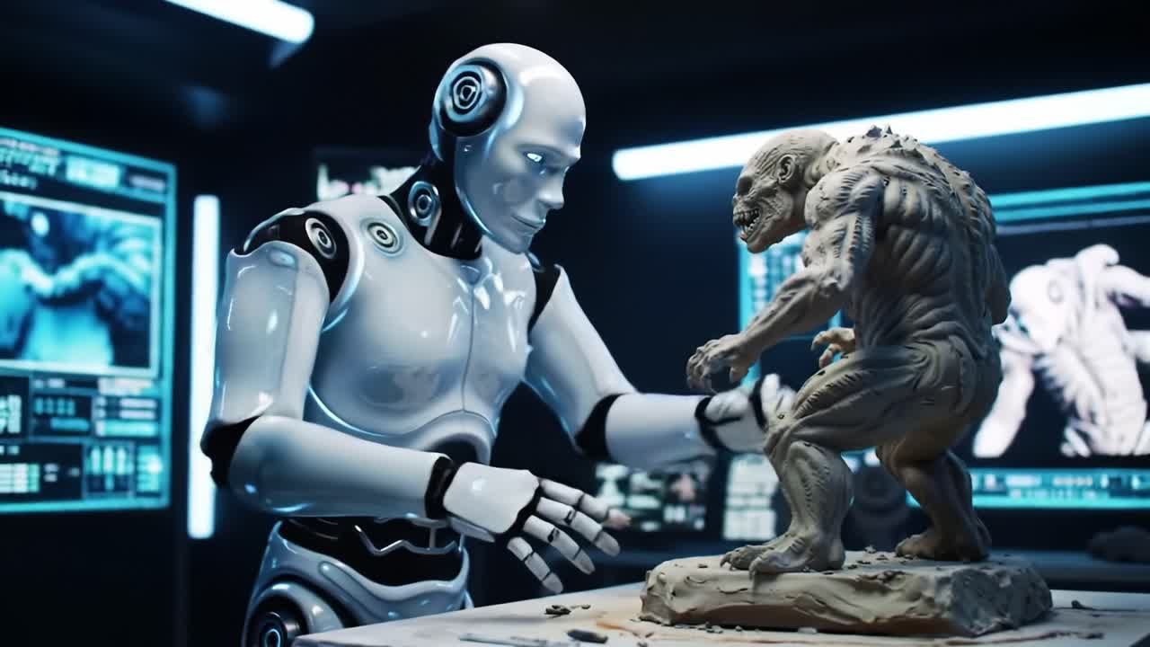 A humanoid robot skillfully sculpts a detailed creature model in a futuristic studio filled with glowing screens and advanced tools. The setting emphasizes technology and artistry.