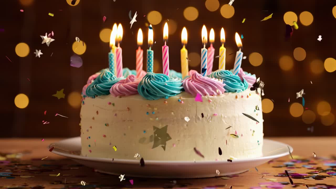 Torta di compleanno festiva con candele, ripresa all'altezza degli occhi