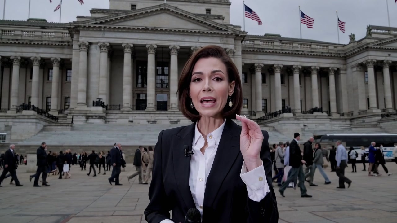 News Reporter Speaking in Front of Government Building
