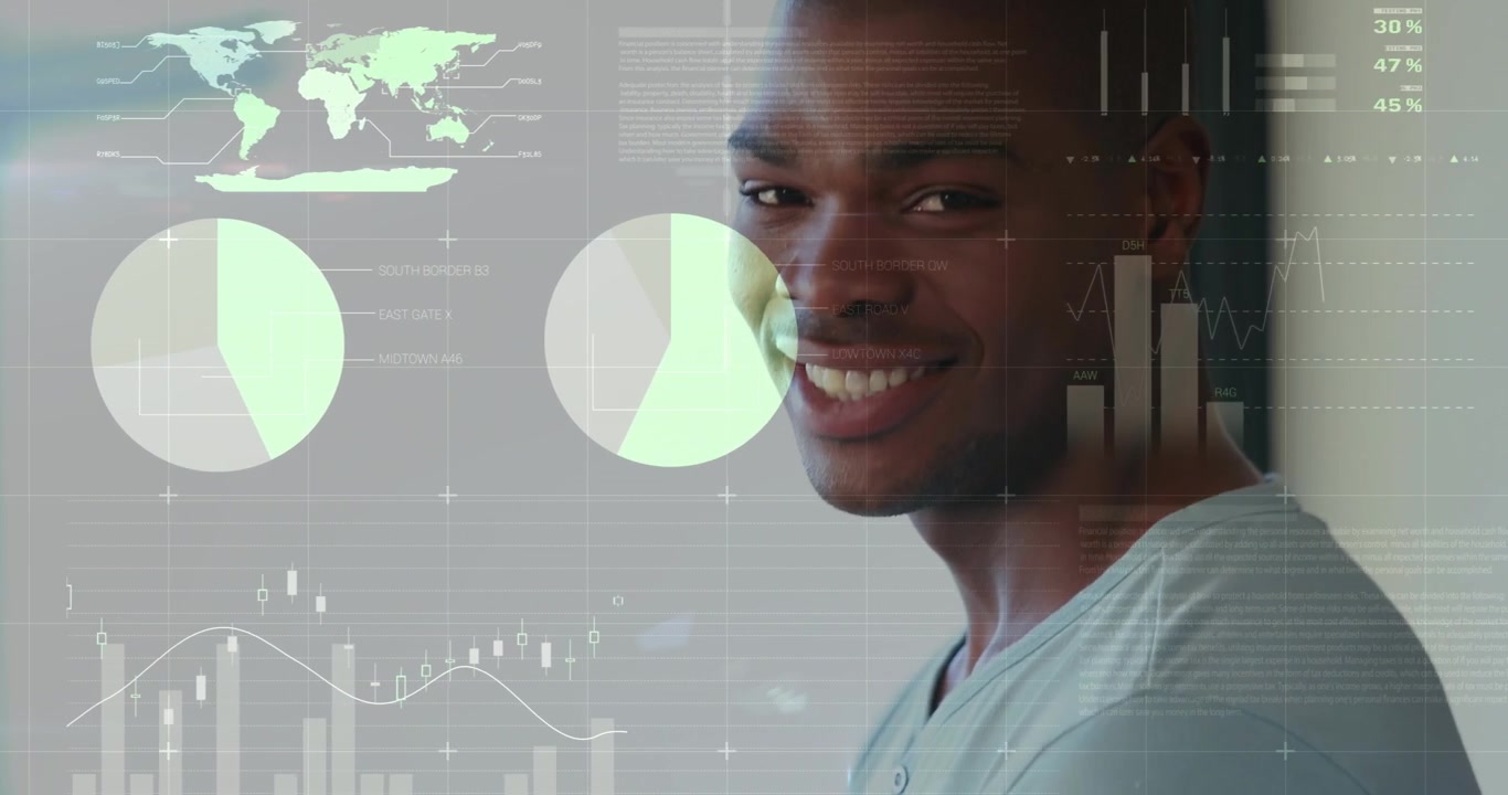 Animation of data processing over african american man using tablet
