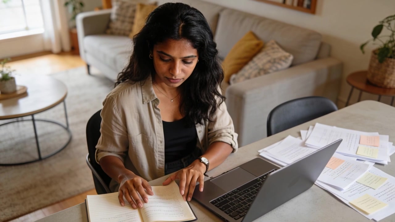 Pausing, woman in beige shirt at home checking notes, flipping notebook pages and typing on laptop