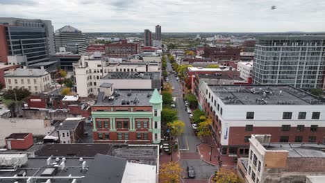 Wilmington-Delaware-aerial-push-in-in-fall-with-autumn-colors