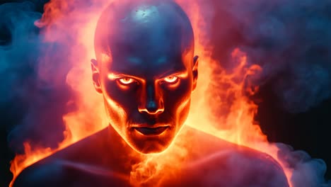 bald man surrounded by flames and smoke in an intense atmosphere