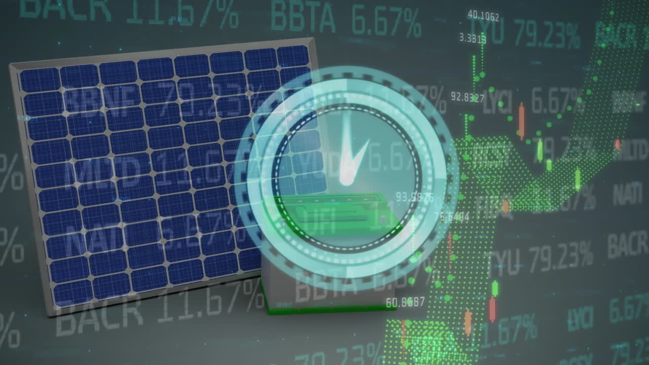 거래 보드, 그래프, 태양 패널, 백색 배경에 대한 배터리의 디지털 시계 애니메이션