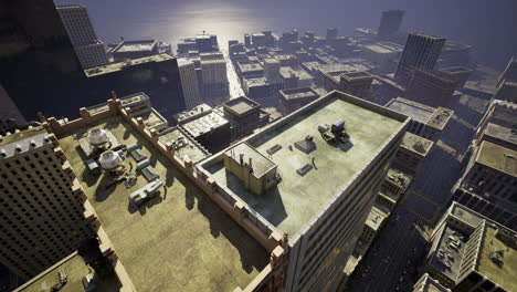 view of a city skyline with rooftops under a bright sky at dusk
